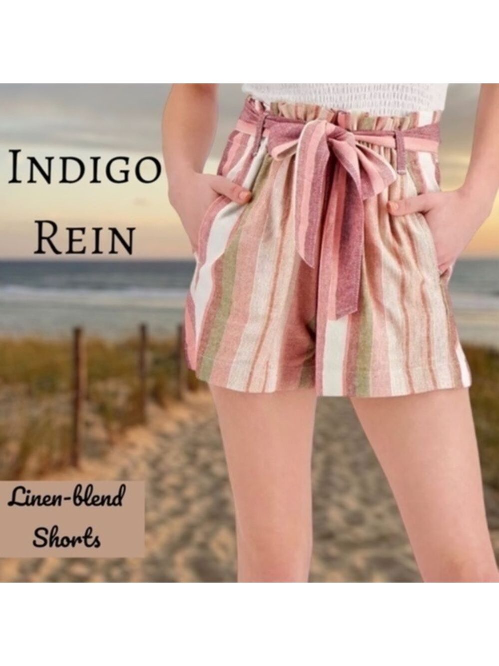 INDIGO REIN Juniors' Hayden Striped Belted Linen Blend Paper Bag Shorts NWT/Lg
